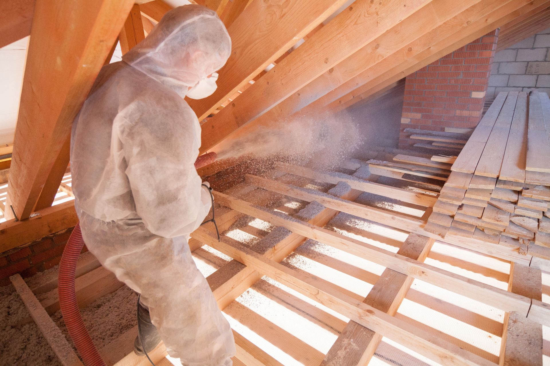 Person in protective suit spraying insulation in attic.