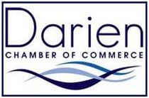 The darien chamber of commerce logo is a blue and white logo with waves.