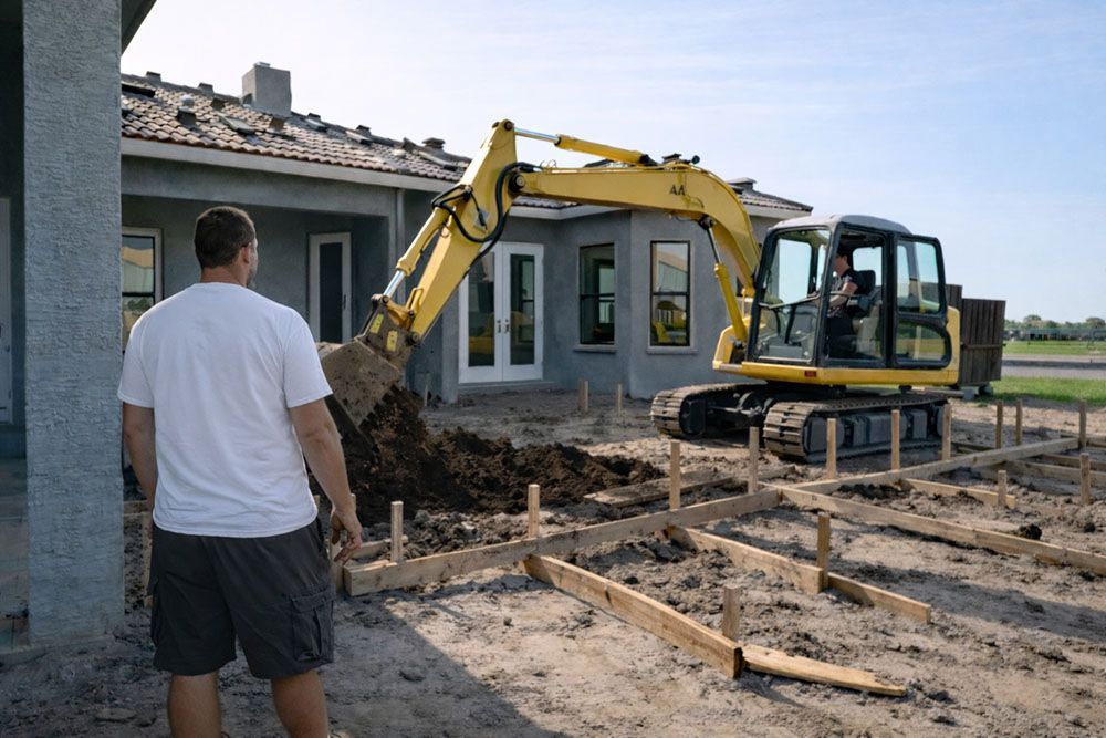 Man watches excavator on construction site near house.