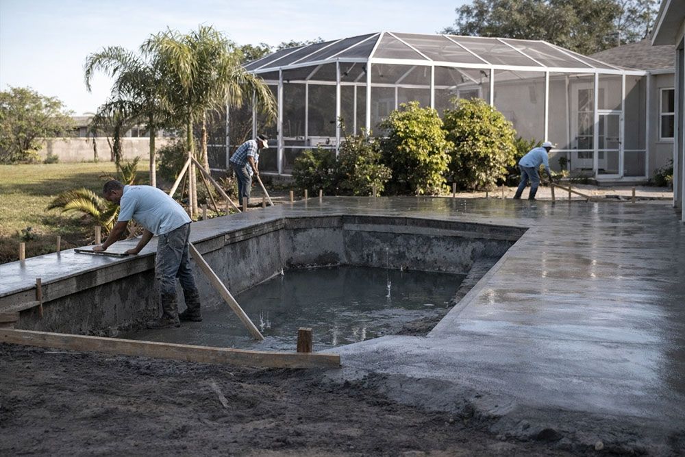 Workers pouring concrete around a swimming pool. Gray concrete, blue shirts, sunny outdoor setting.