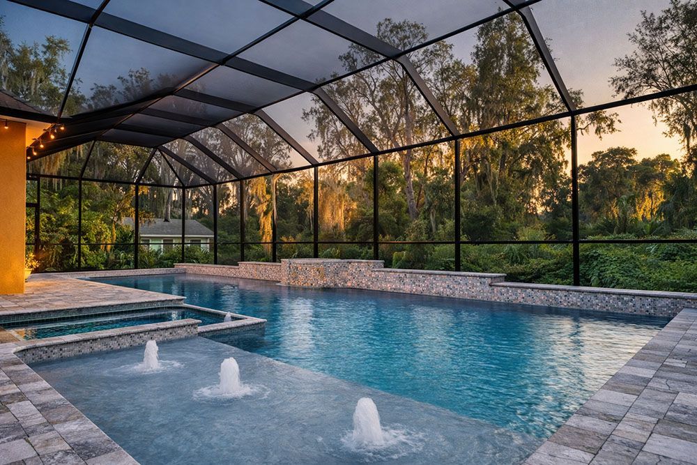 Pool with fountains and hot tub enclosed by a screened roof with trees in the background.