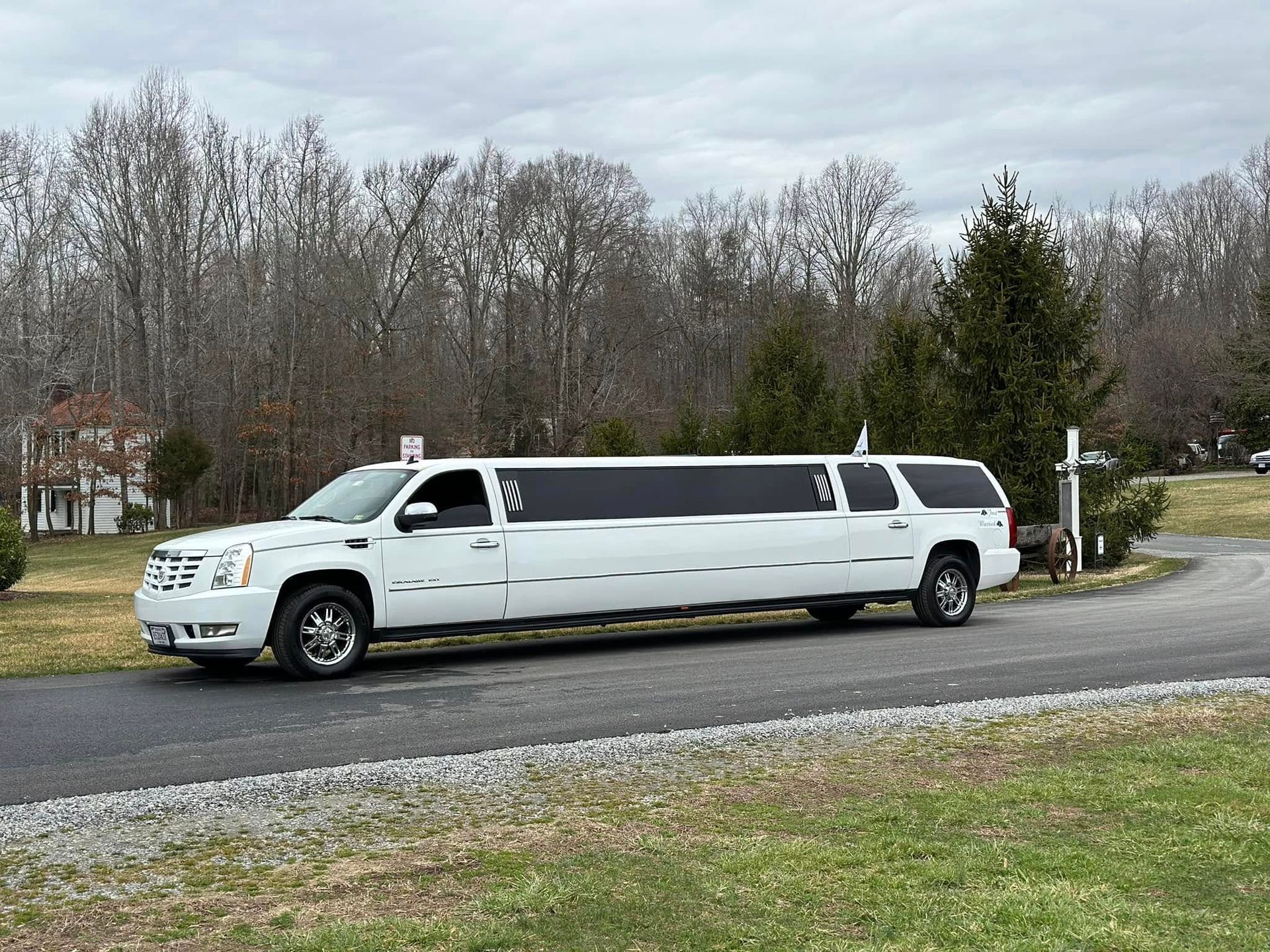 White limousine parked on a paved driveway in front of a tree-lined property under a cloudy sky.