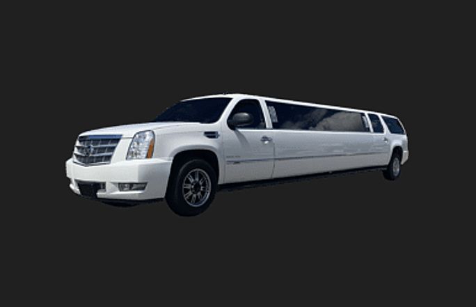A white limousine is parked on a black background.