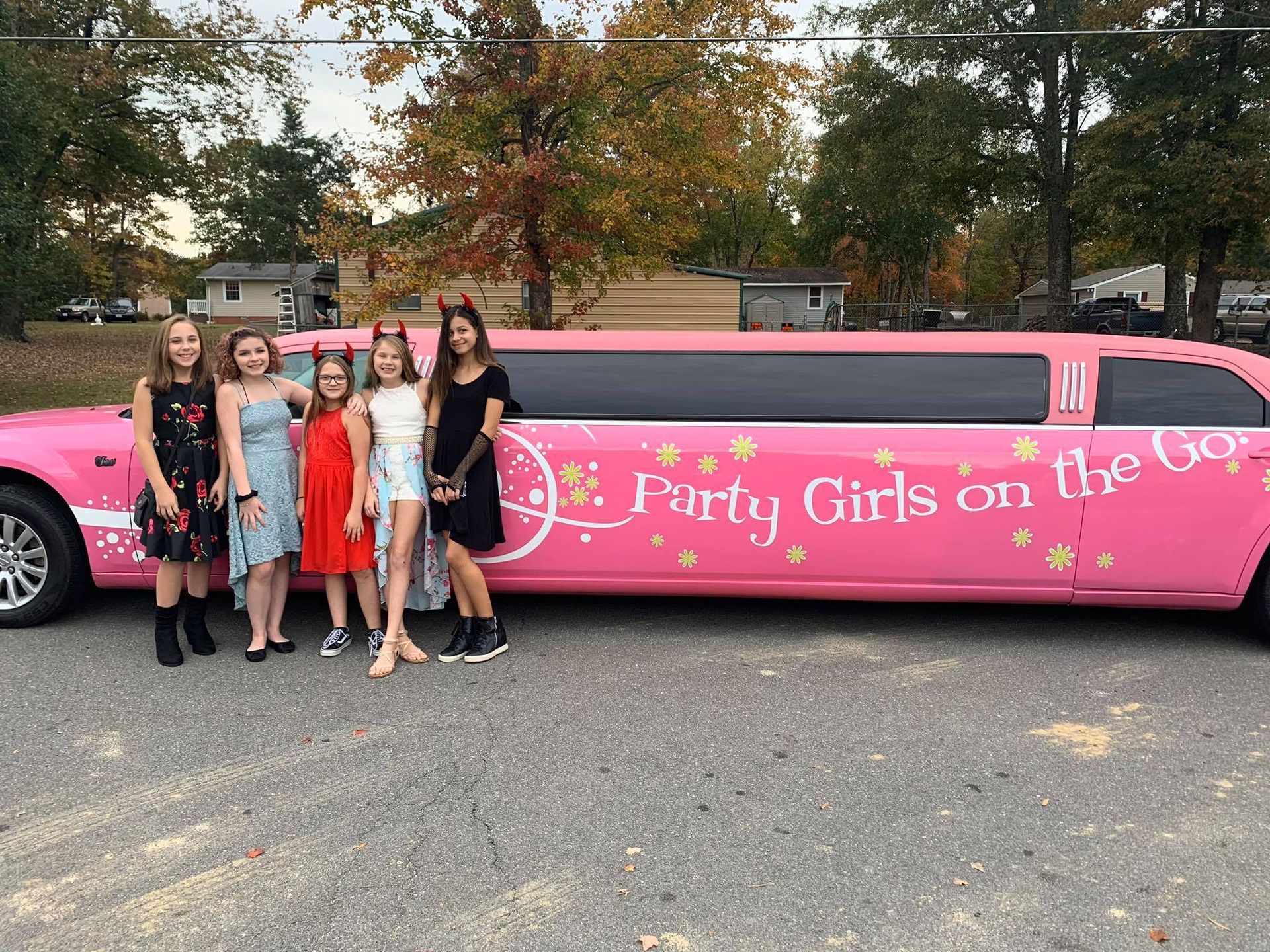 A group of girls are standing in front of a pink limousine.