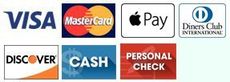 Visa, MasterCard, Apple Pay, Diners Club, Discover, Cash, Personal Check