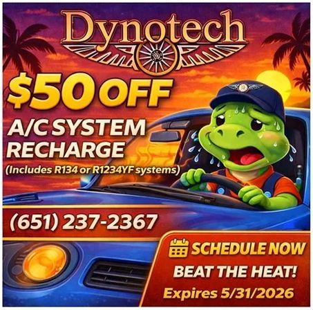 Dynotech AC recharge ad: $50 off, includes R134/R1234YF, with cartoon frog and schedule now callouts.