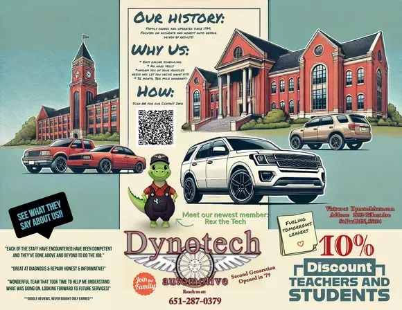 Dynotech school flyer with brick campus, cars, mascot, and 10% discount for teachers and students