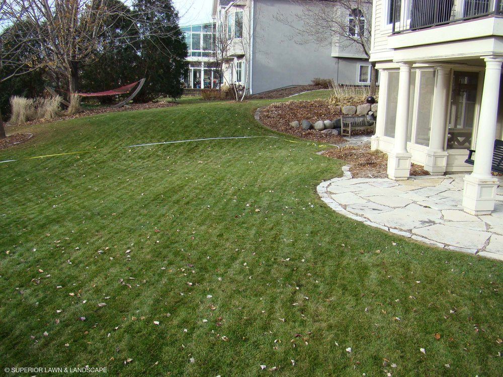 A large lawn with a patio in front of a house.