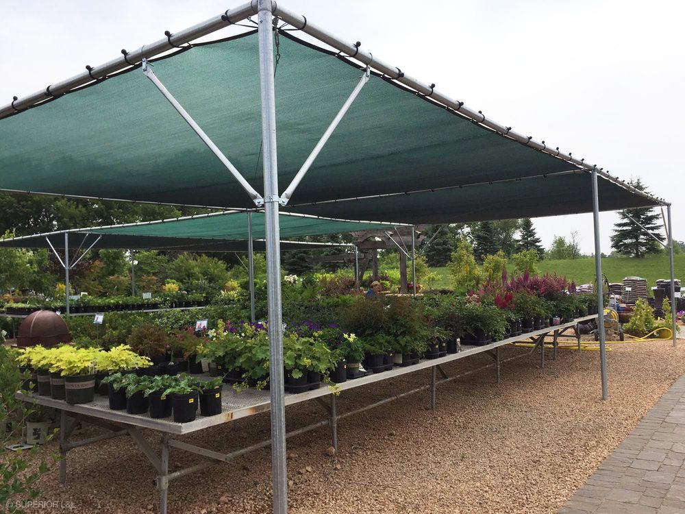 A bunch of potted plants are sitting on a table under a green shade.