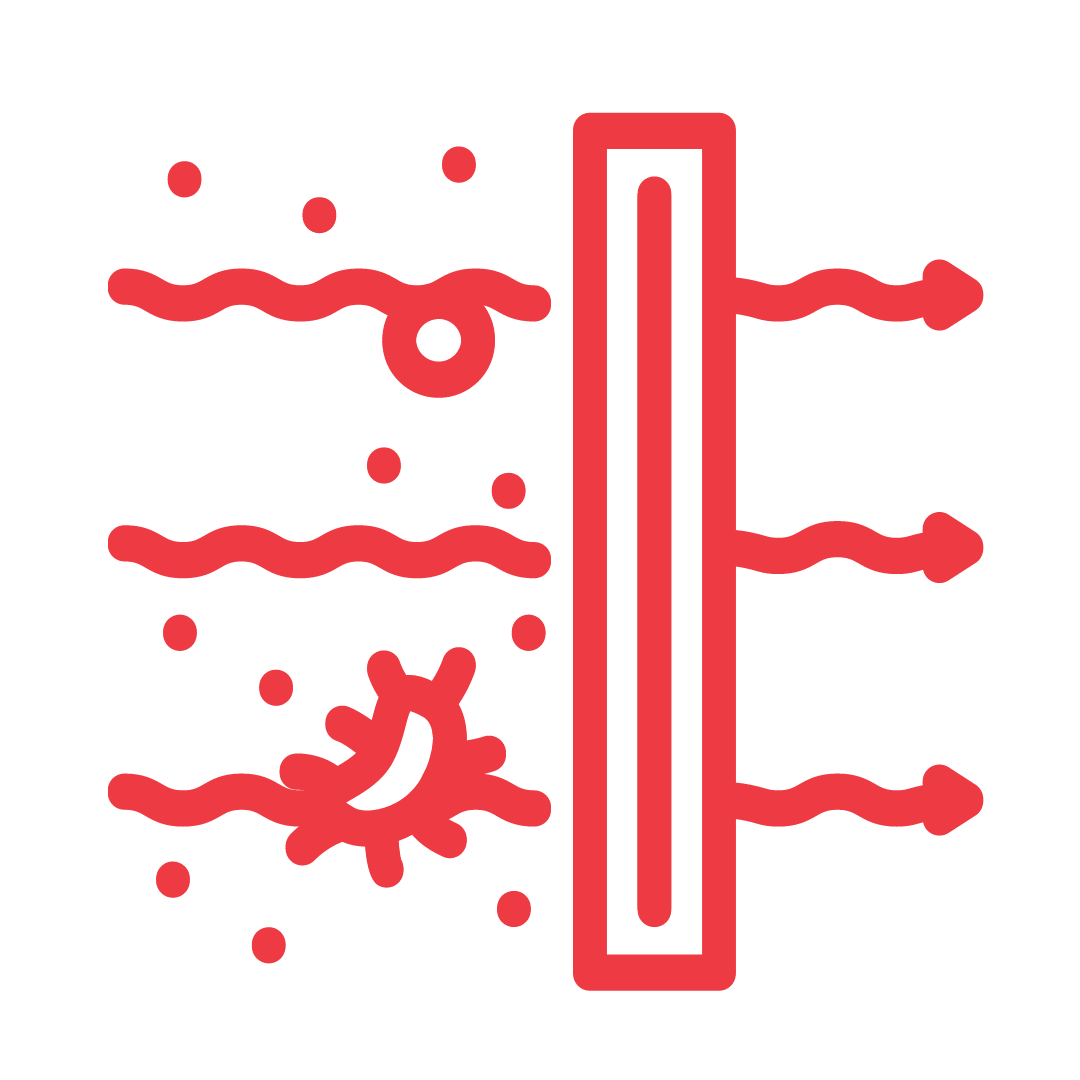 a red icon of a filter with bacteria being filtered