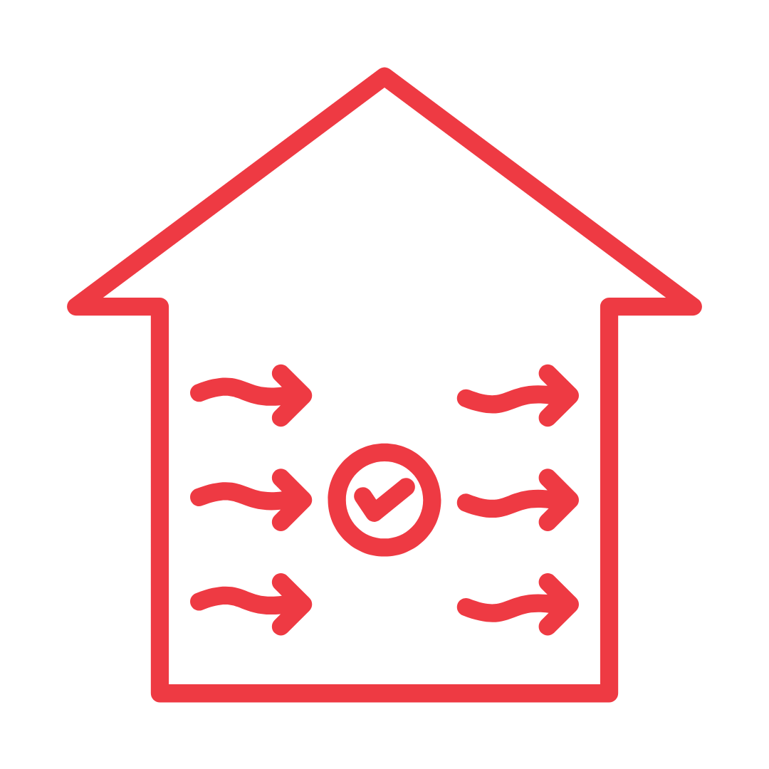 a red line drawing of a house with arrows and a check mark