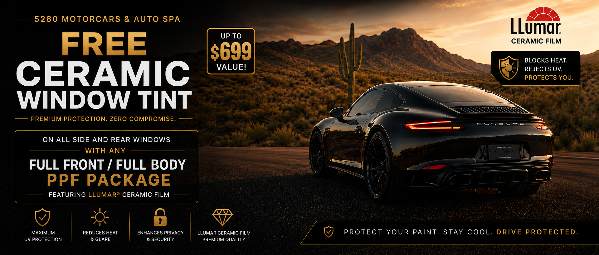 Black sports car on desert road advertising free ceramic window tint and full front/full body PPF package