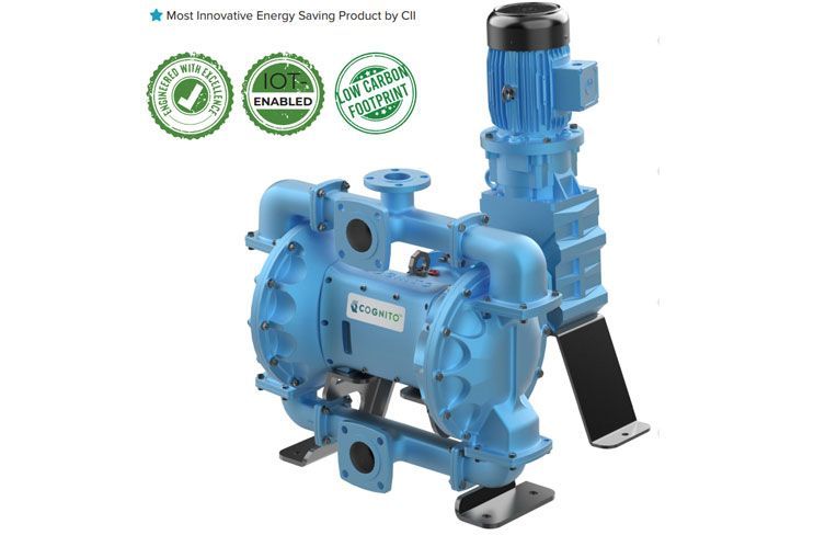 A blue cognito pump with a motor attached to it on a white background.