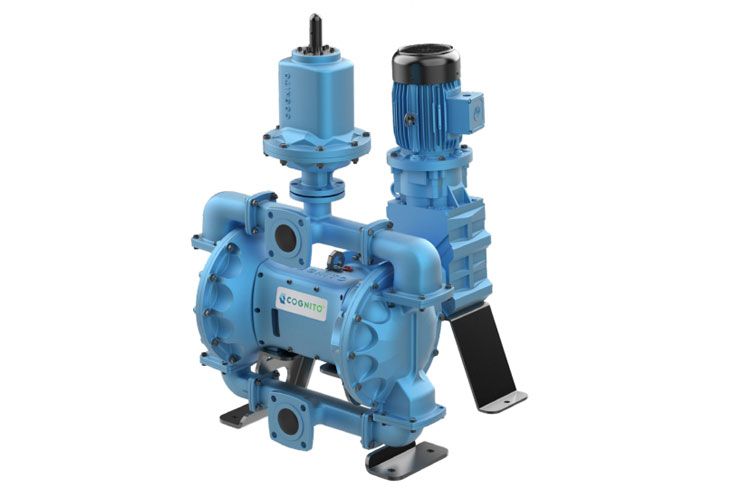A blue cognito pump with a motor attached to it on a white background.