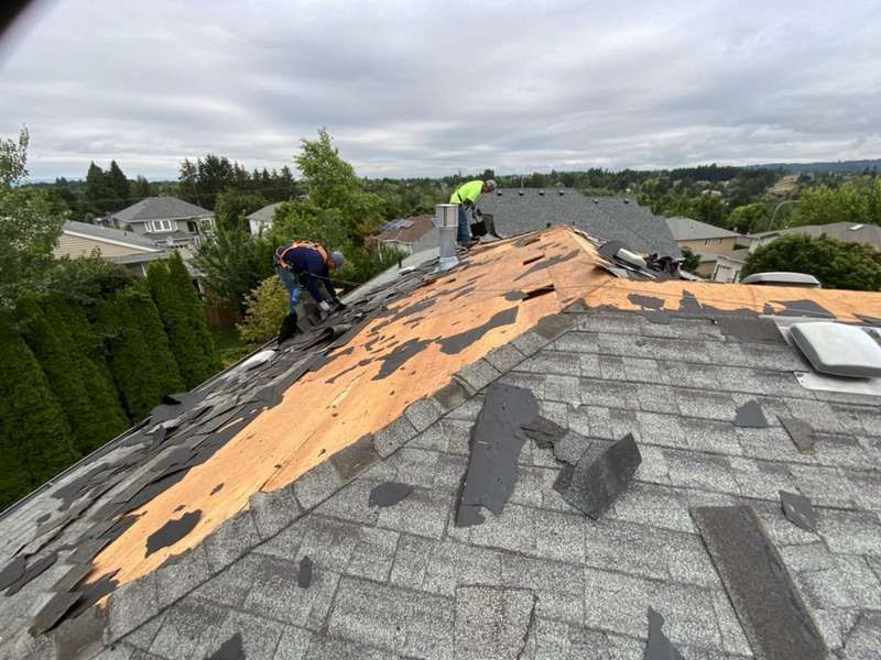 Roofers removing old shingles on a house roof on a cloudy day.