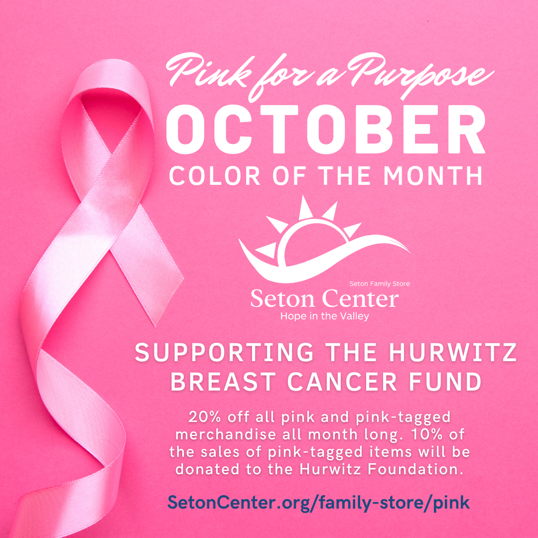 pink ribbon on pink background promoting seton family store charity drive for hurwitz breast cancer fund