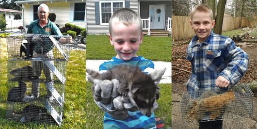 a boy is holding a raccoon and a squirrel in his hands .