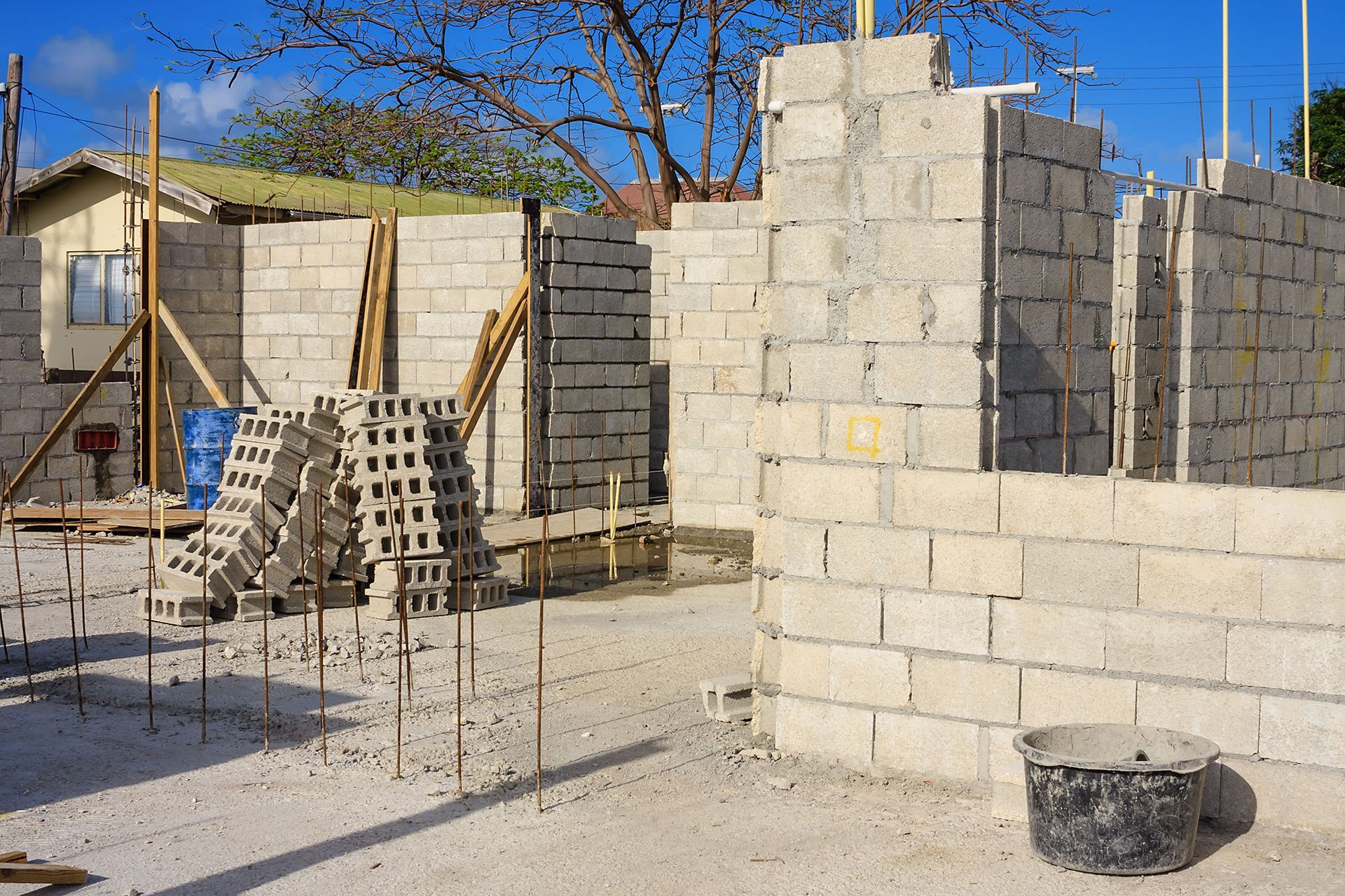 Home under construction with concrete blocks