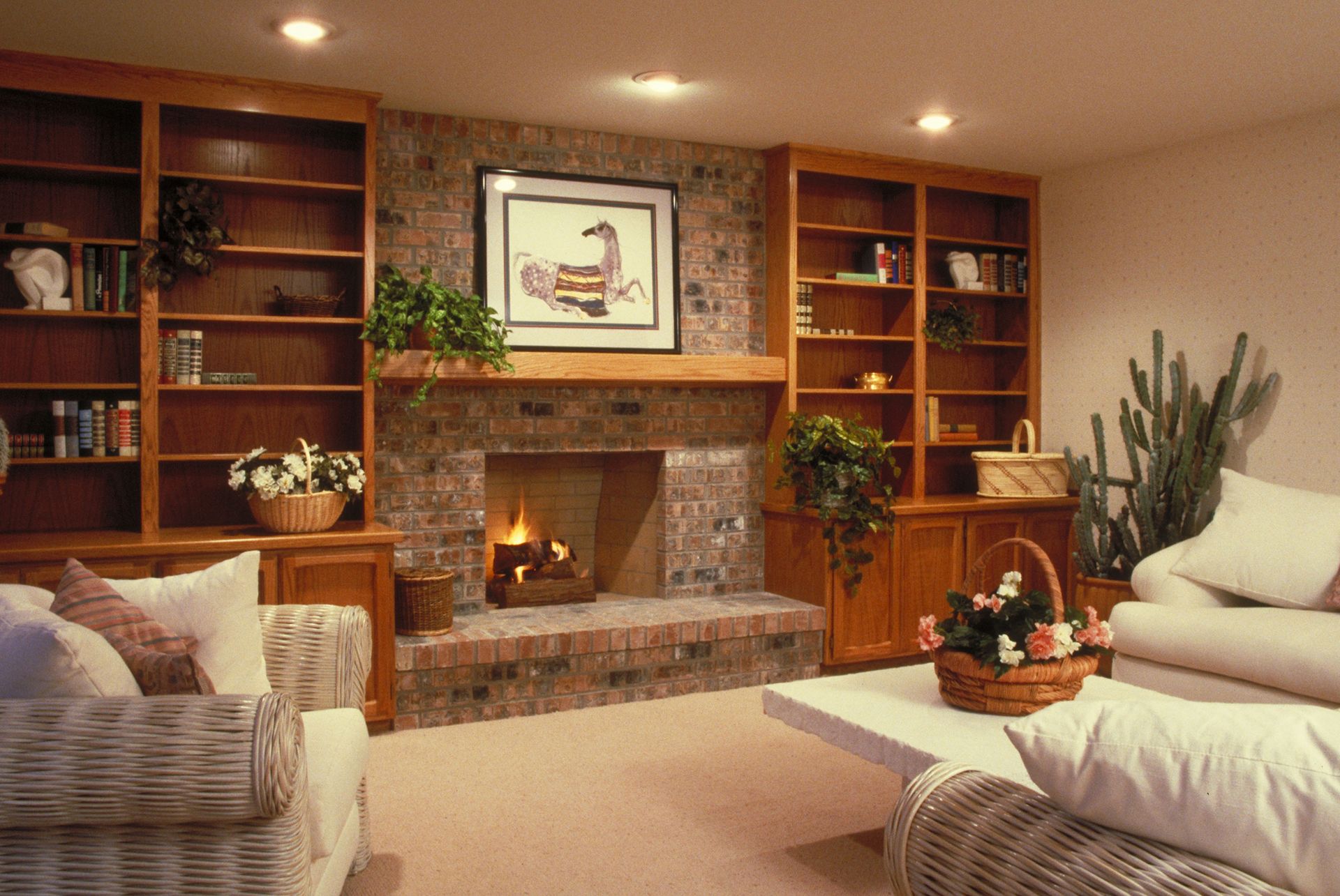 Cozy living room with brick fireplace