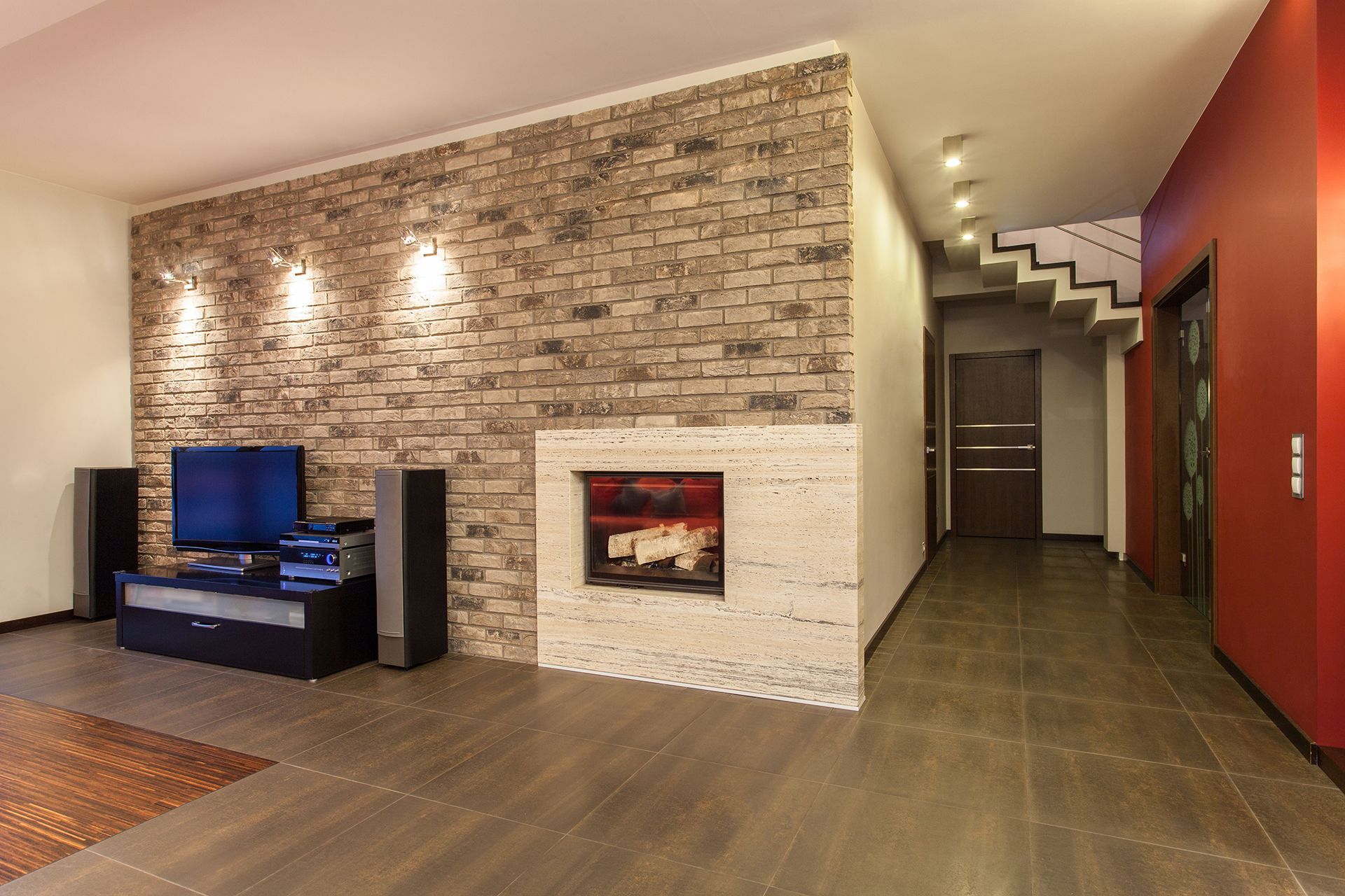 Modern living area with brick accent wall