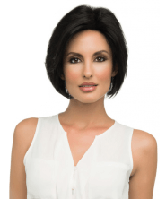 A woman wearing a black wig and a white tank top