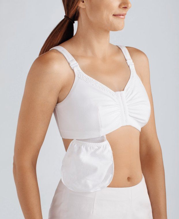 A woman wearing a white bra with a pocket on the side