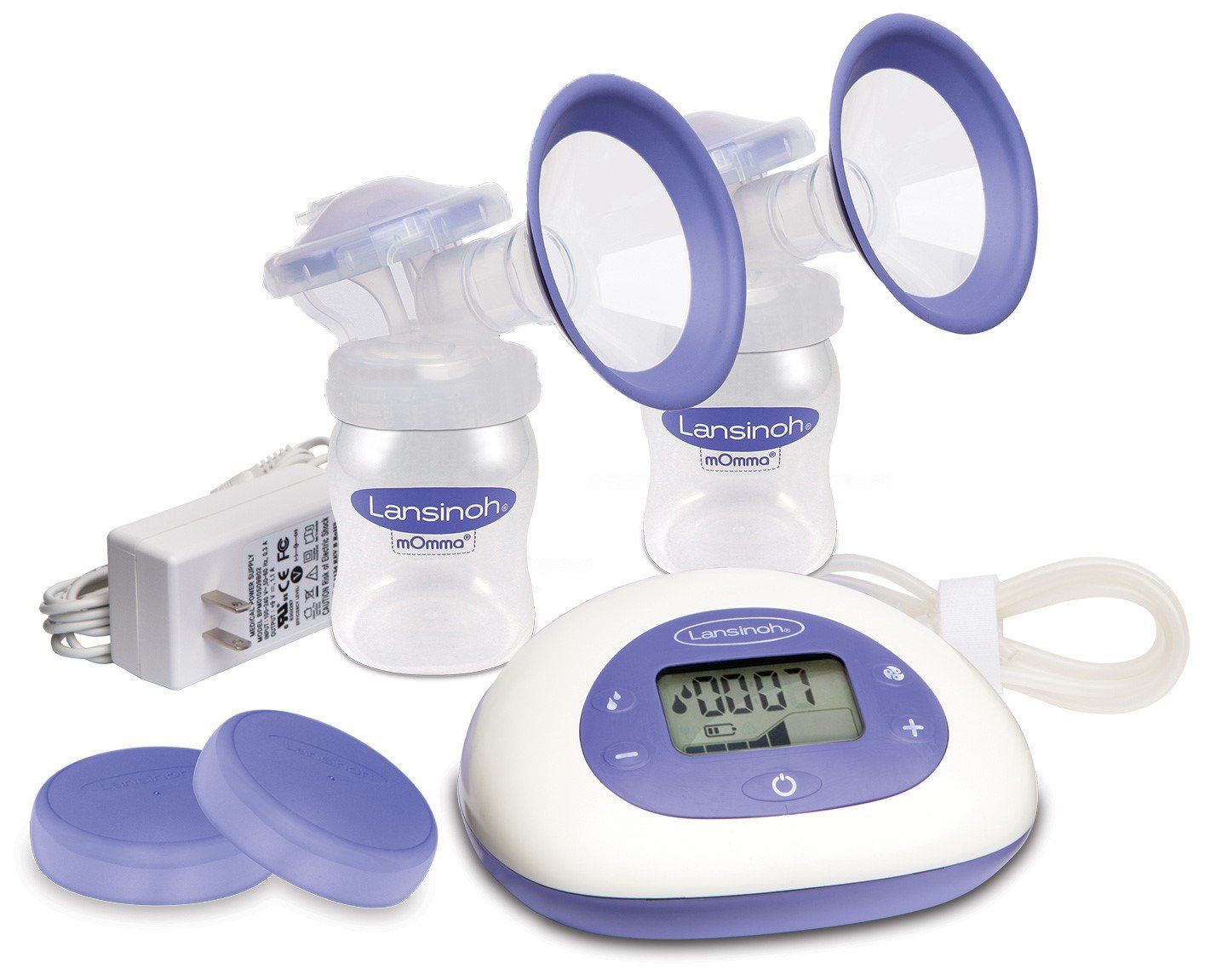 A lansinoh breast pump with two bottles and a charger