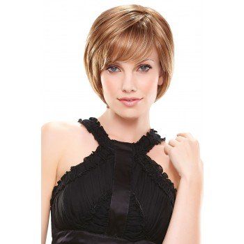 A woman wearing a wig and a black top