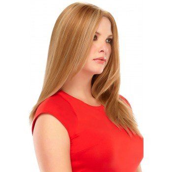 A woman in a red shirt has long blonde hair