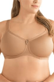 A woman is wearing a tan bra on a white background.