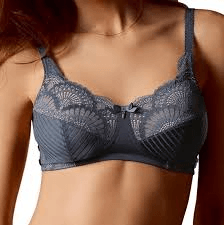 A woman is wearing a grey lace bra.