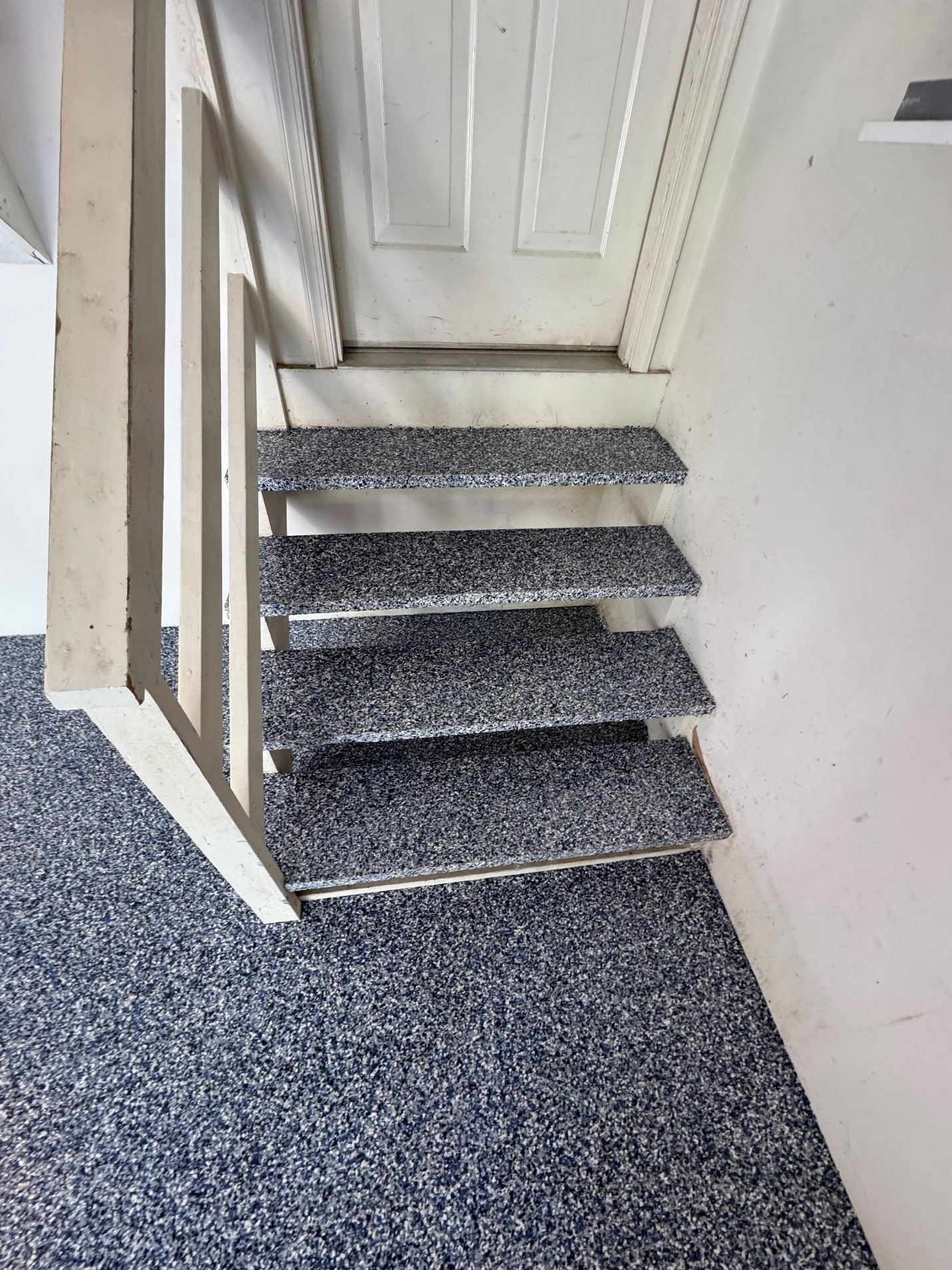 Small carpeted staircase with a white door at the top and a beige handrail beside a speckled floor.