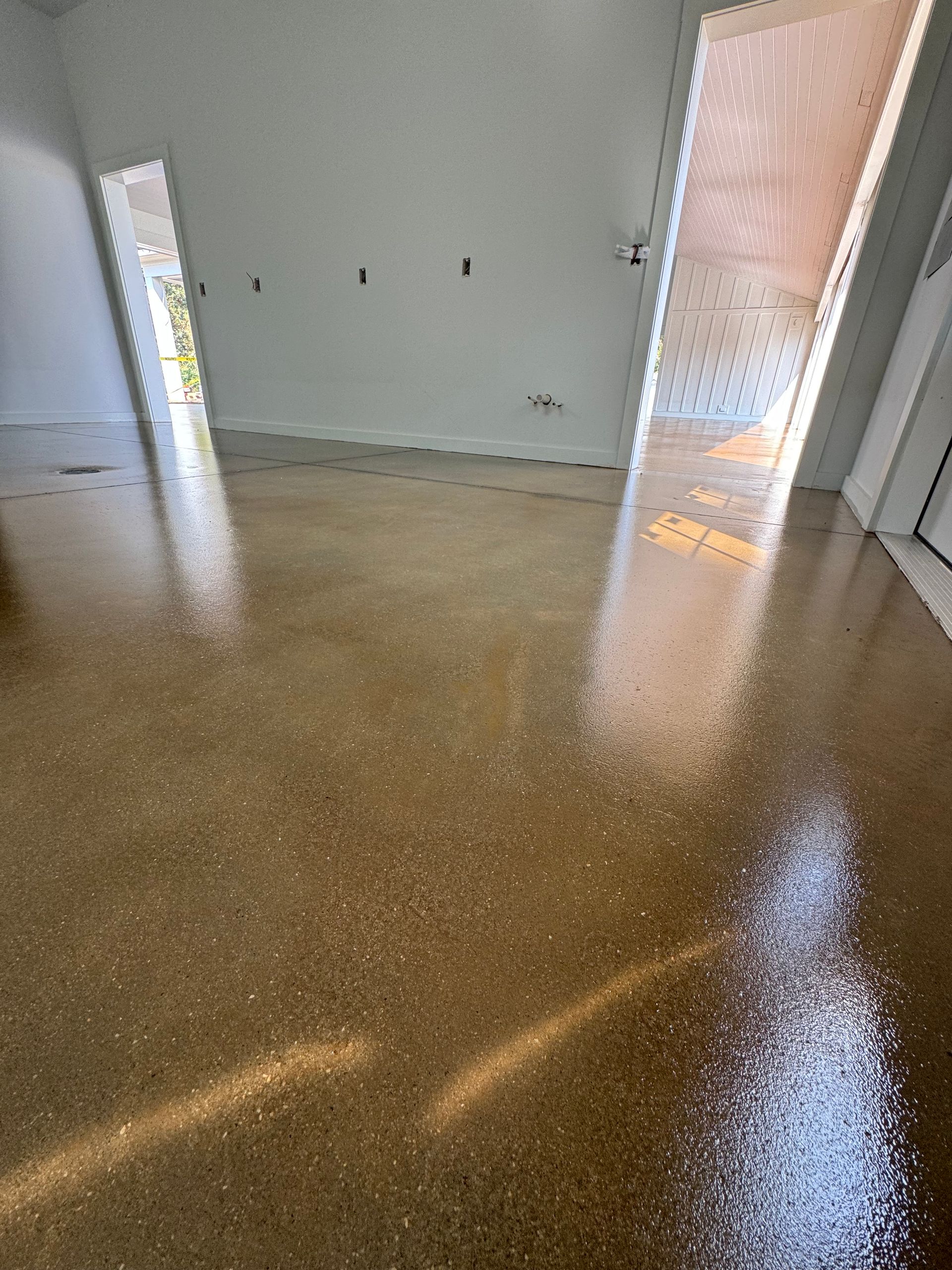 Empty room with glossy brown speckled floor, white walls, and open doorways letting in light