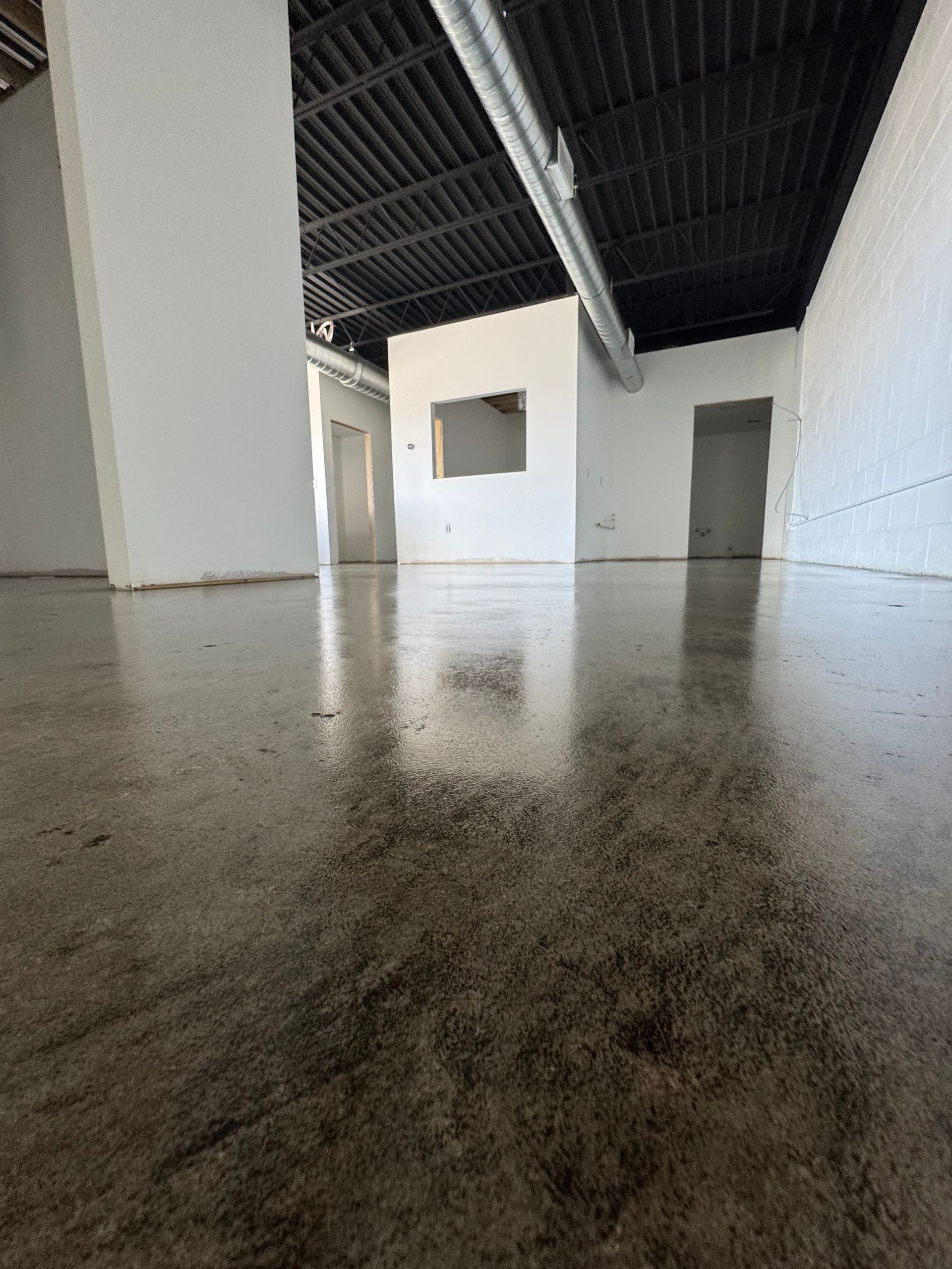 Empty unfinished indoor space with white walls, dark exposed ceiling, and a concrete floor viewed low to the ground