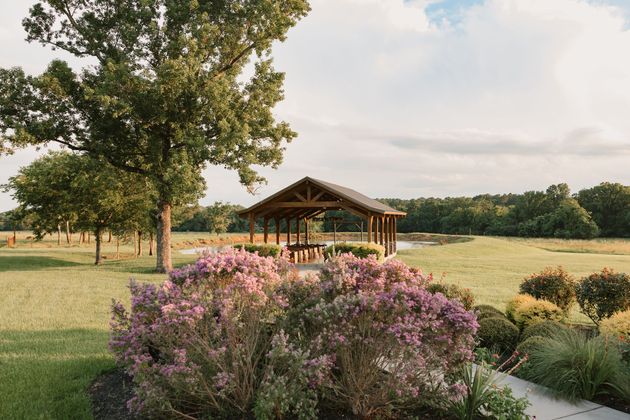 Gazebo in a grassy field with pink flowers and a large tree under a cloudy sky