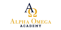 Alpha Omega Academy logo with navy and gold letters on a white background