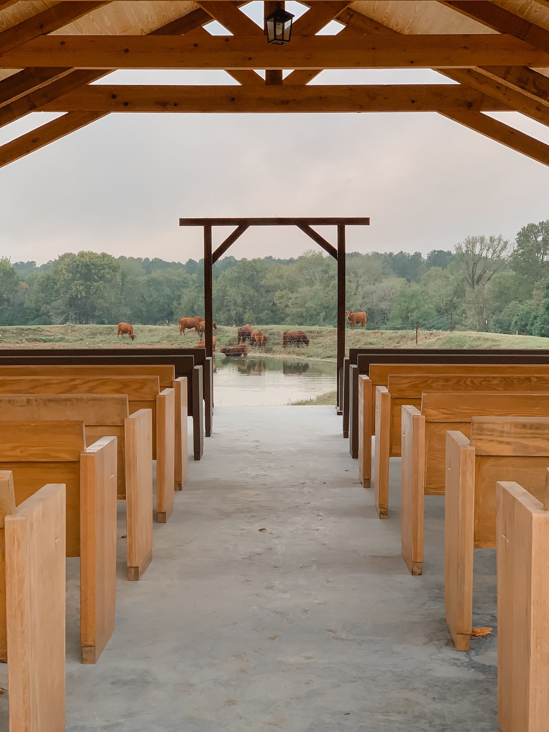 Open-air wedding chapel with wooden pews facing an outdoor altar and forest backdrop