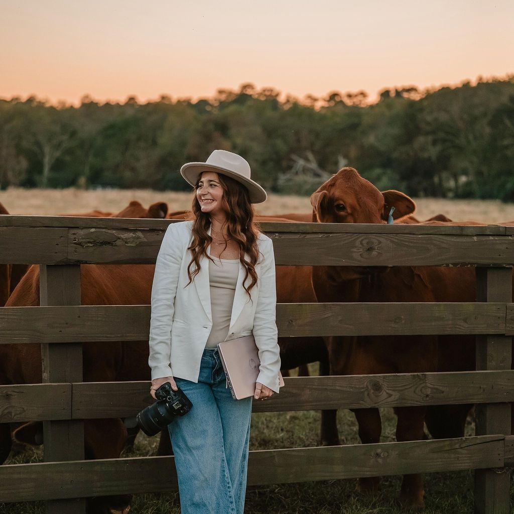 Woman in a hat holding a camera and notebook by a wooden fence with cows at sunset