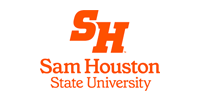 Sam Houston State University logo with orange SH monogram and text on a white background
