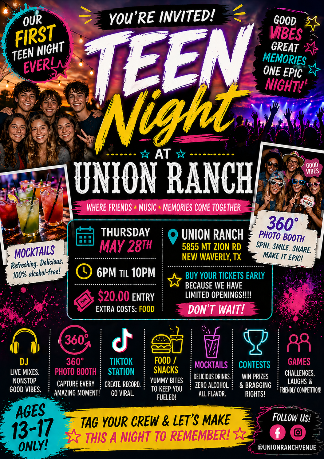 Teen Night at Union Ranch flyer with neon text, event details, activities, and photos of teens on a dark background