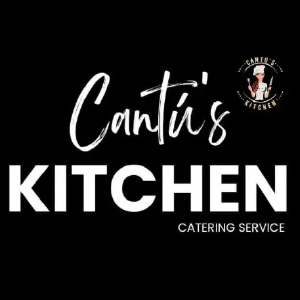Cantú's Kitchen catering service logo in white script and bold text on a black background