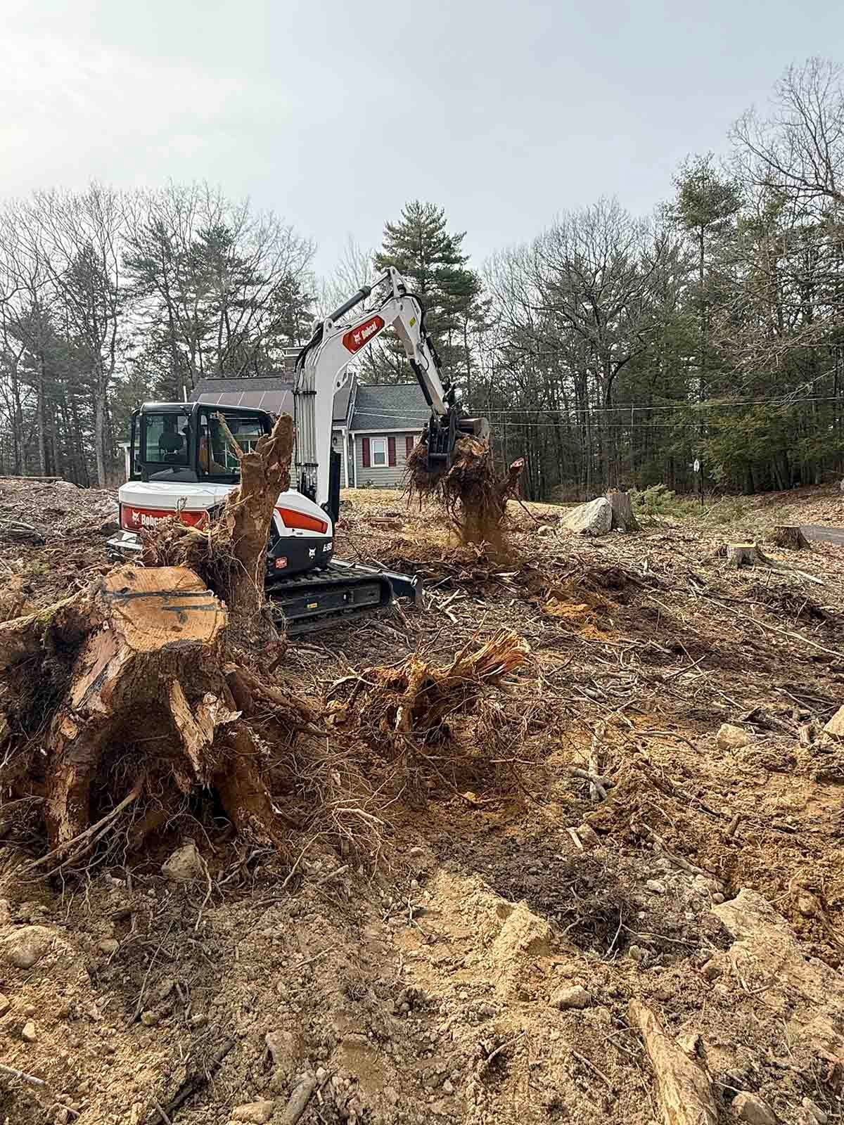 Excavator clearing a wooded lot, digging into a large pile of dirt and roots.