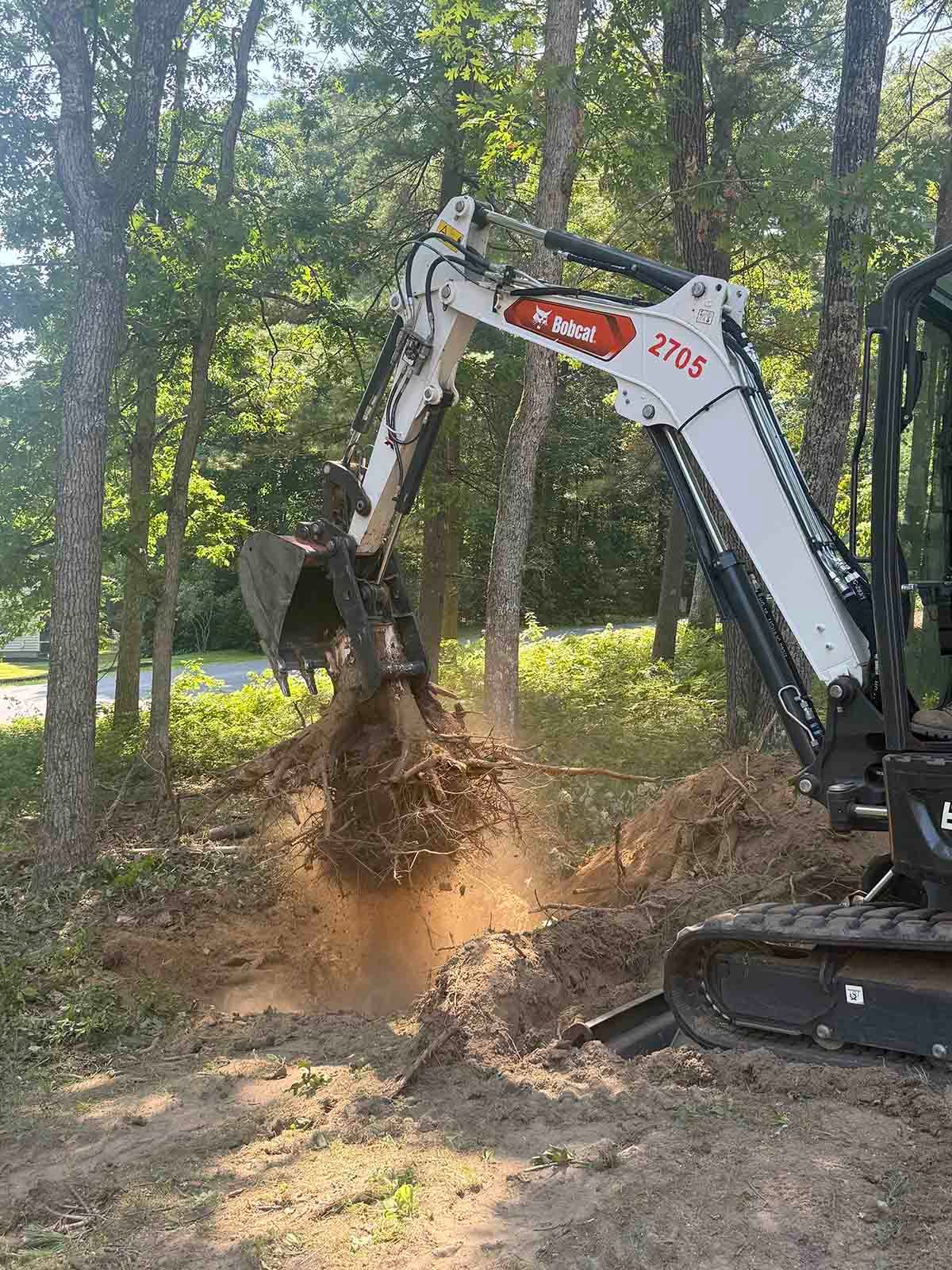 Excavator uprooting a tree in a wooded area, dirt flying from the roots.