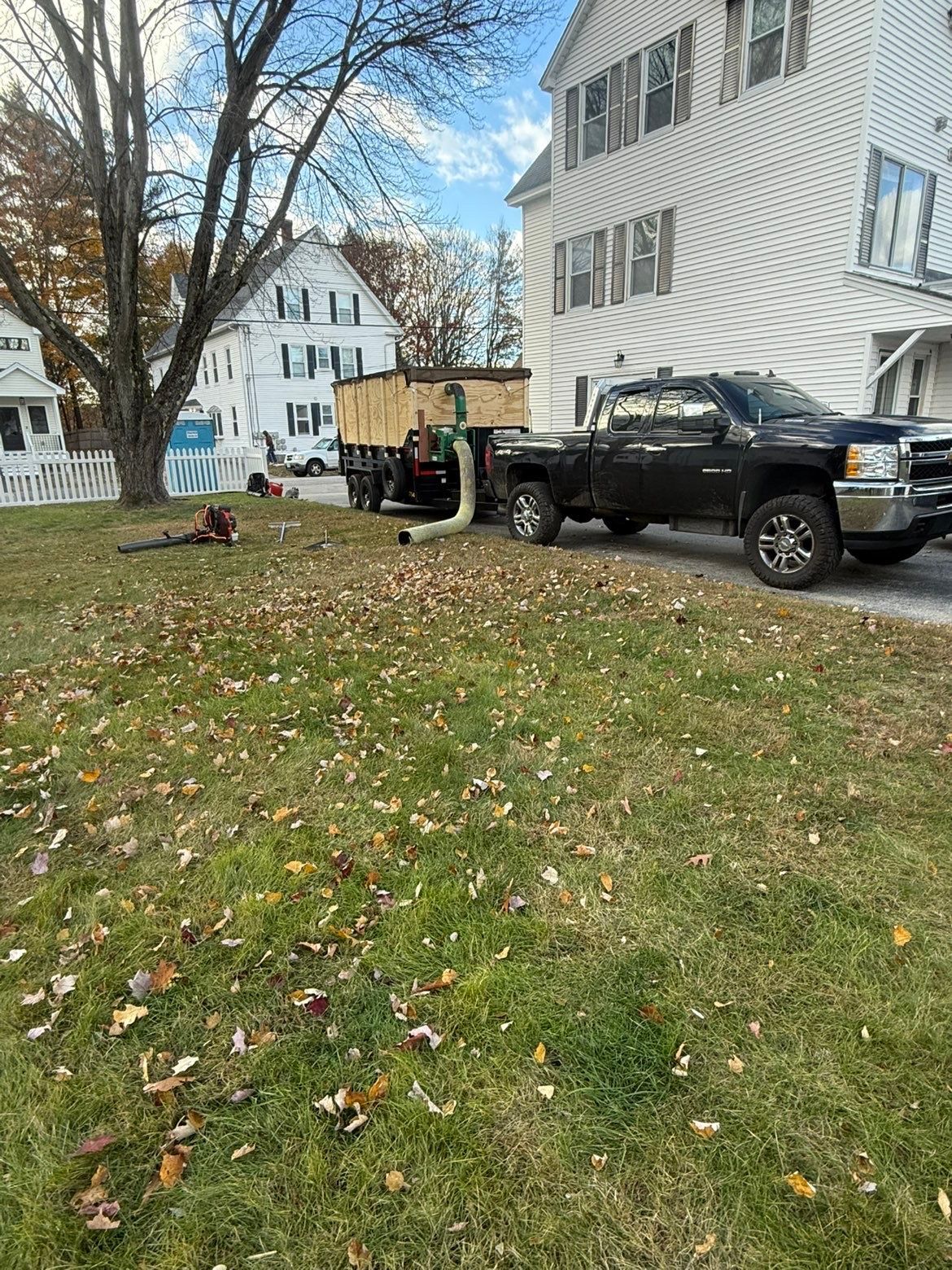 Black pickup truck parked on a leaf-covered lawn beside a white house on a residential street