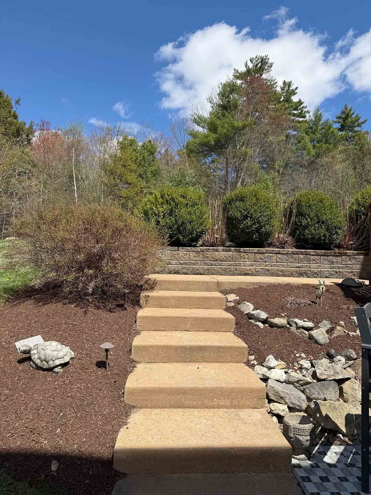 Stone steps leading up a landscaped garden with shrubs, rocks, and a blue sky with clouds