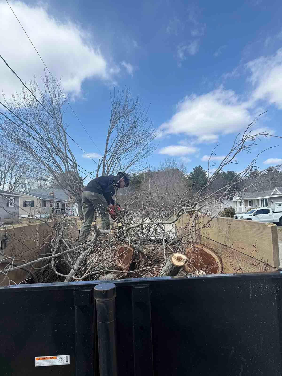 Worker loading tree branches into a black dumpster outdoors under a blue sky