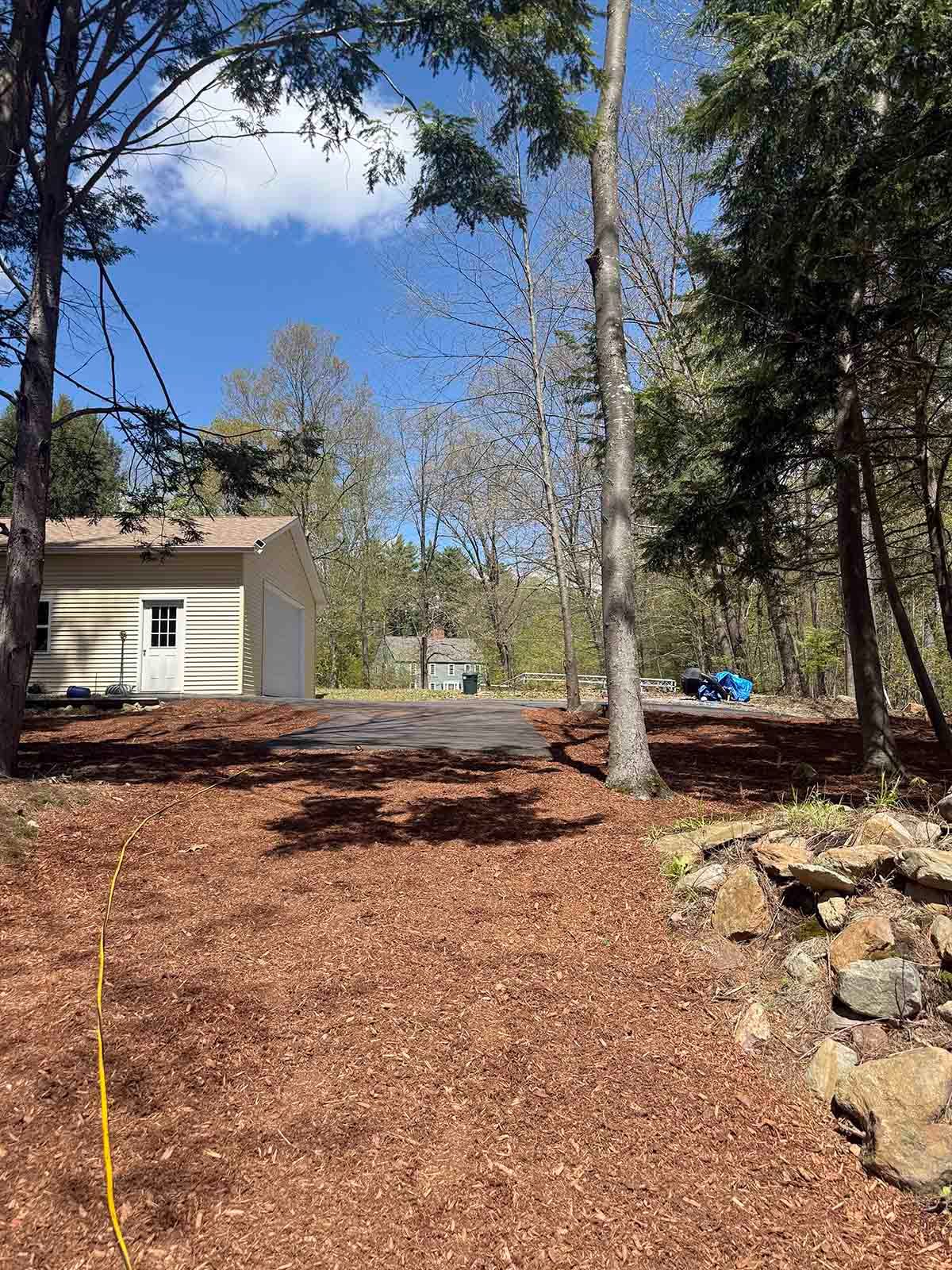Backyard with mulch ground, small shed, trees, rocks, and blue sky overhead