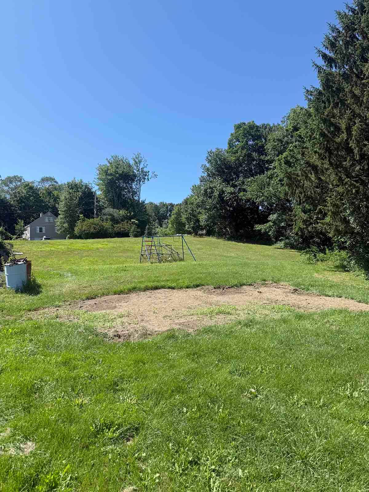 Sunny grassy field with a bare dirt patch, trees, and a blue sky.