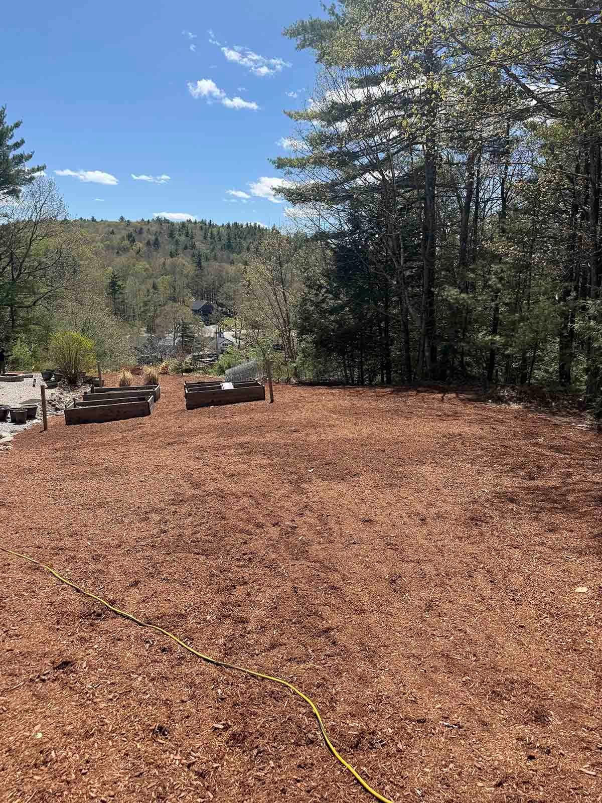 Freshly cleared dirt yard with trees, stone edging, and a hose under a blue sky, overlooking a wooded valley