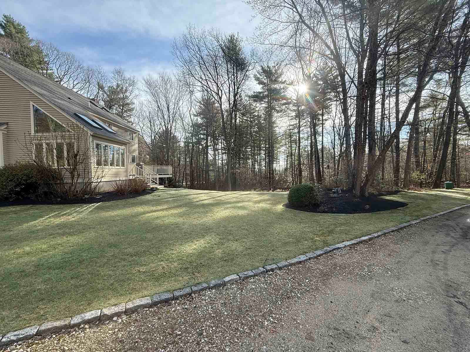 Sunlit front yard beside a house, with leafless trees and a gravel driveway.